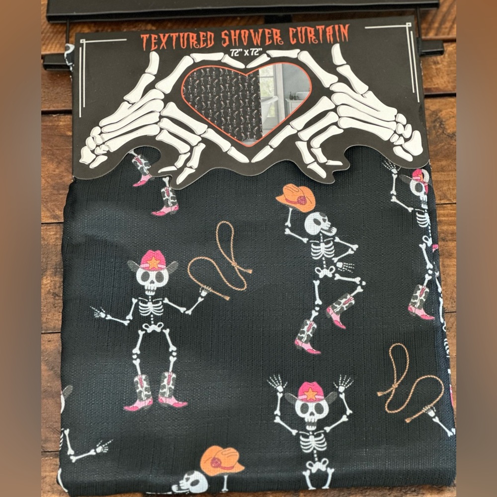 Black & Pink Dancing Skeleton Cowboy Western Print Shower Curtain